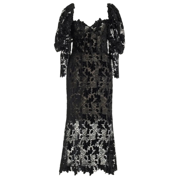 ^$5,890 NEW OSCAR DE LA RENTA BLACK VELVET GUIPURE MIDI DRESS US 4 - Picture 4 of 16